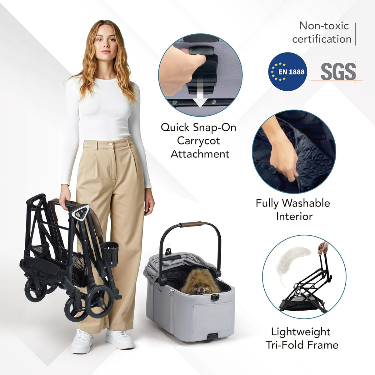 ibiyaya Tinker Pet Stroller for Small Dogs and Cats – 3-in-1 Pet Carrier, Dual-Opening Canopy