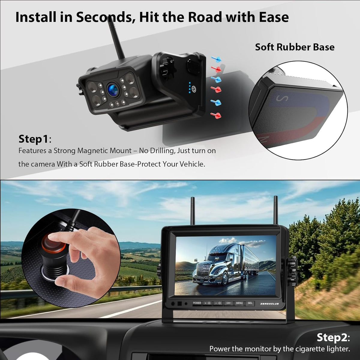 Magnetic Wireless RV Backup Camera System: 7" HD 1080P DVR Monitor with Rear Camera, DVR Monitor &