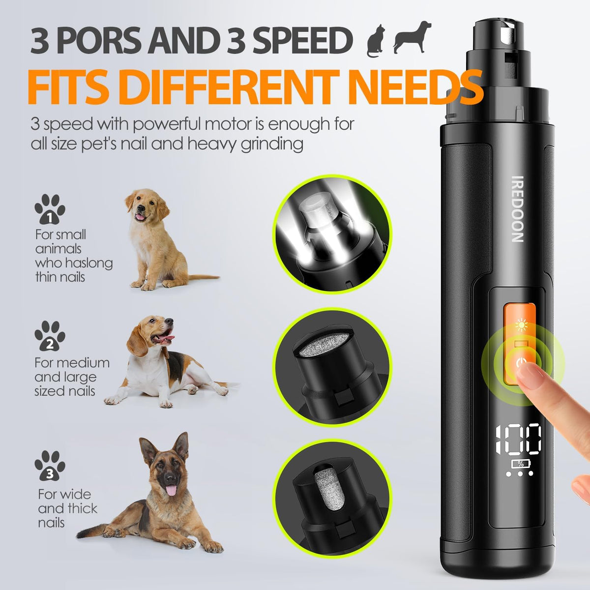 Dog Nail Grinder Upgraded - Professional 3-Speed Super Quiet and Low Vibration Electric Pet Nail