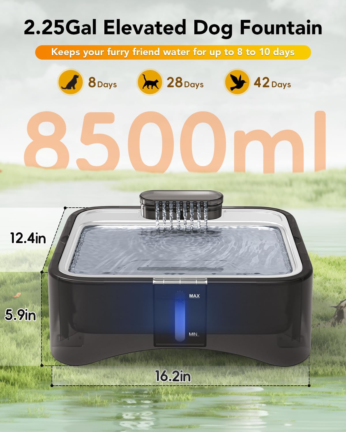 UPSKY 2.25Gal Elevated Dog Water Fountain, 4 Heights Adjustable Pet Fountain for All Dog Sizes, 304