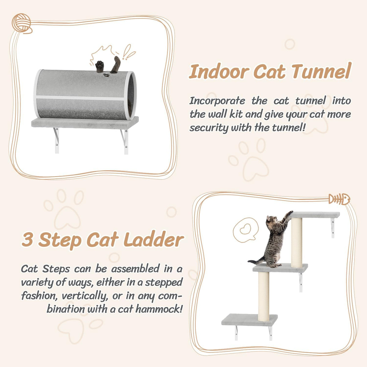 NUNU LAB Cat Wall Shelves Set, 7 Pcs Wall-Mounted Cat Climber with Cat House, Tunnel, Bridge