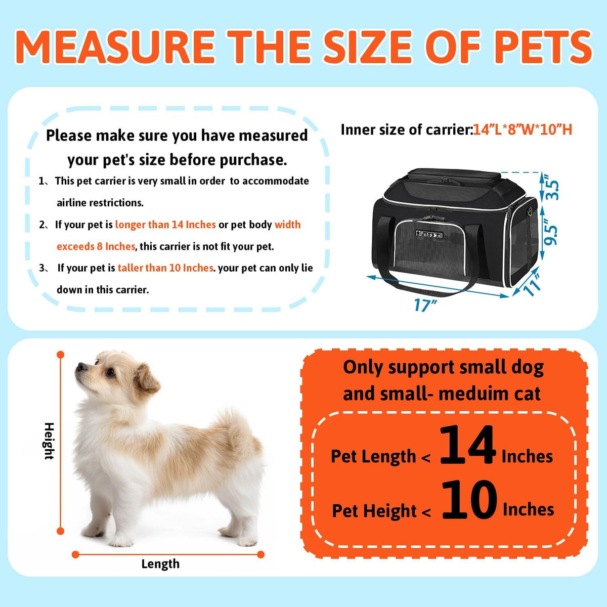 Petskd Top-Expandable Pet Carrier 17x11x9.5 Inches Alaska Airline Approved, Soft-Sided Carrier for