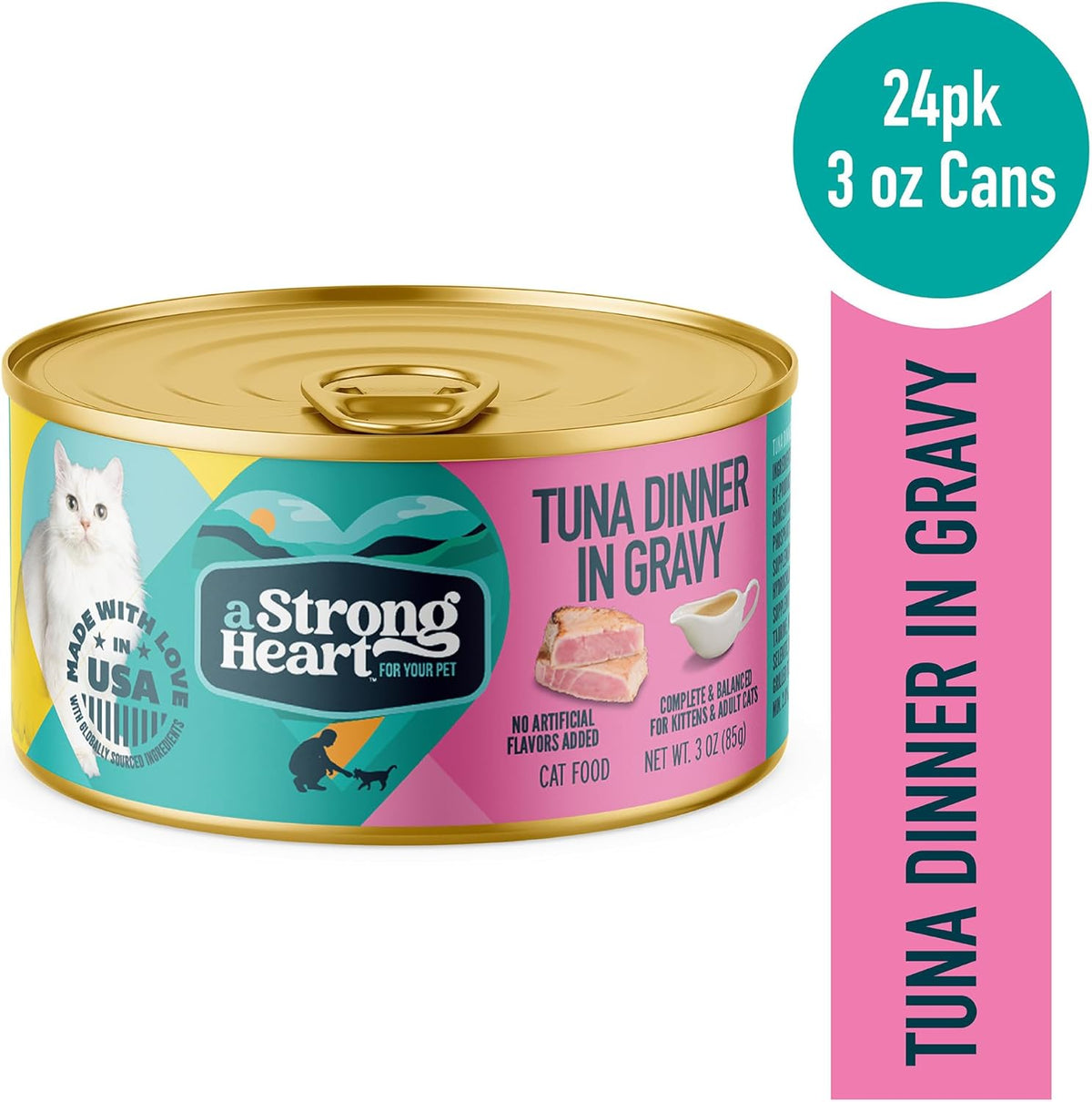 A Strong Heart Canned Wet Cat Food, Tuna Dinner in Gravy - 3 oz Cans (Pack of 24), Made in The USA