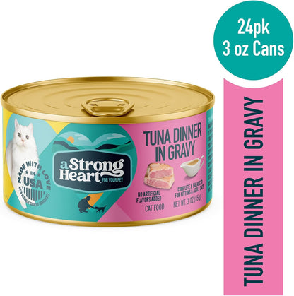 A Strong Heart Canned Wet Cat Food, Tuna Dinner in Gravy - 3 oz Cans (Pack of 24), Made in The USA