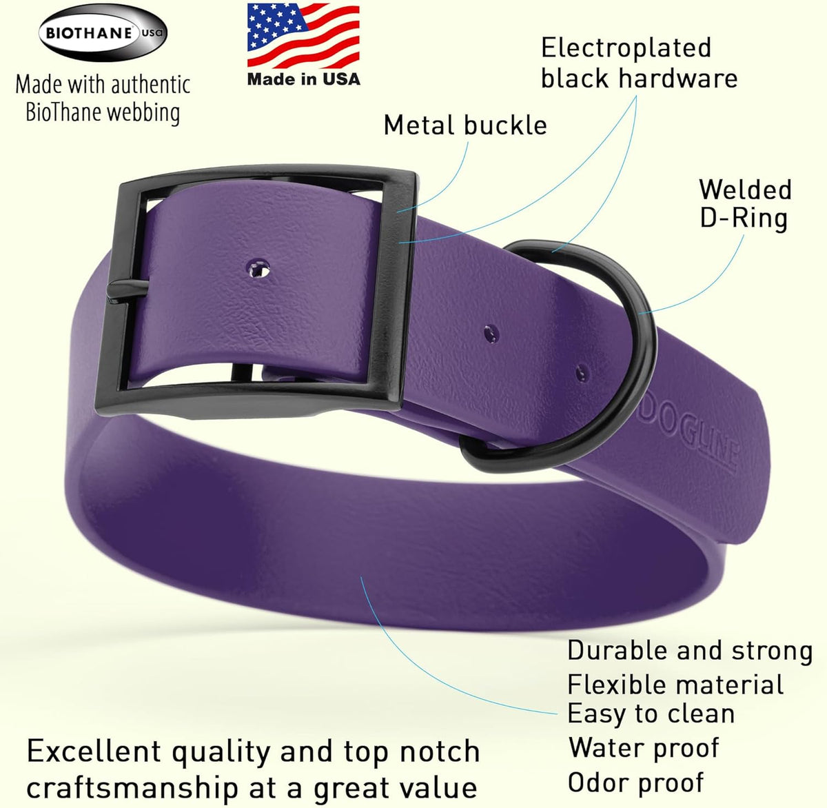 Dogline Biothane Waterproof Dog Collar Strong Coated Nylon Webbing with Black Hardware Odor- Proof
