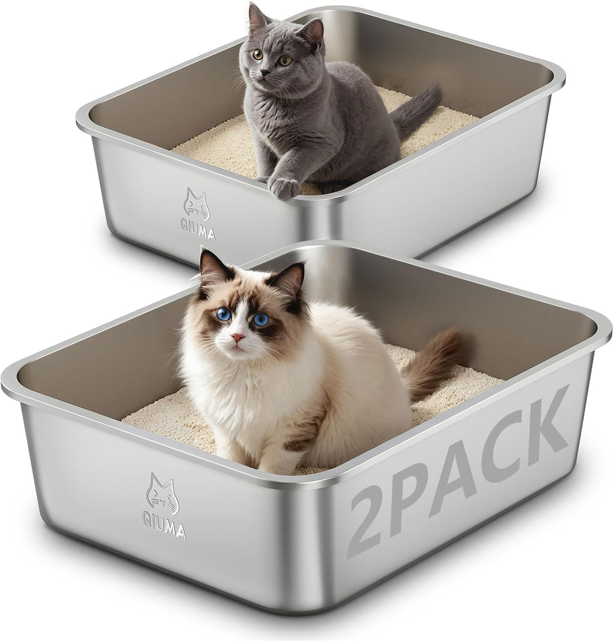 2 Packs Stainless Steel Cat Litter Box, 17.5" L×13.6" W×5.9" H, Metal Kitty Litter Box with High