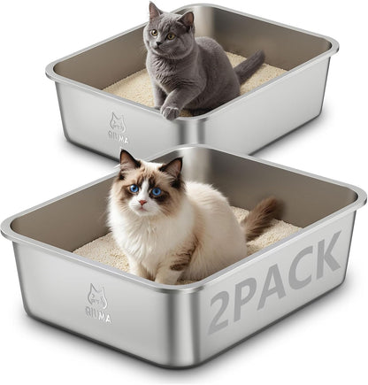 2 Packs Stainless Steel Cat Litter Box, 17.5" L×13.6" W×5.9" H, Metal Kitty Litter Box with High