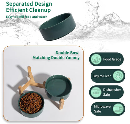 Elevated Ceramic Dog Bowl Set - Raised Feeding Bowls with Non-Slip Bamboo Stand - Small Pet Dishes