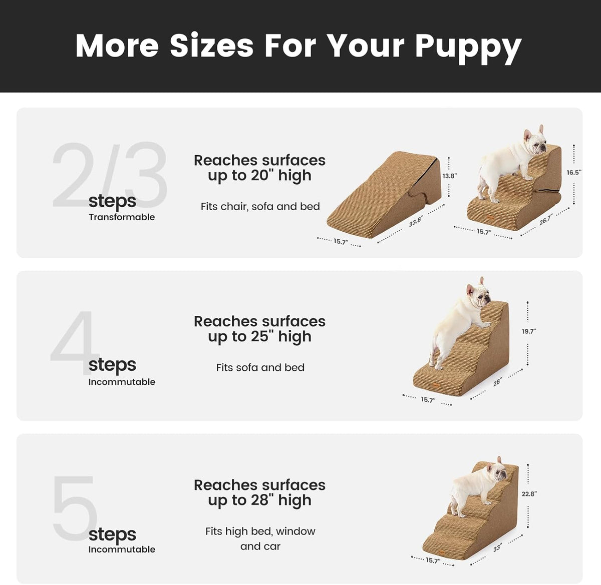 Gardner Pet Dog Stairs for Small Dogs 19.7" H, 4-Step Brown Curved Pet Stairs, Dog Steps for High