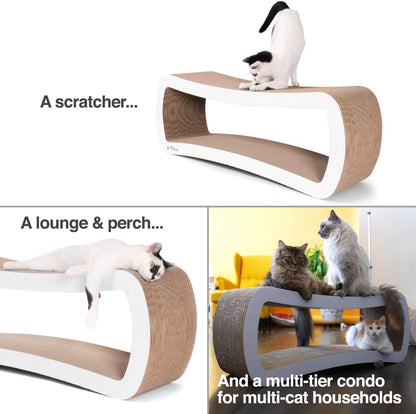PetFusion Jumbo Cat Scratcher Lounge, White. 39 x 11 x 14 inch 4 Cardboard Scratching Surfaces and