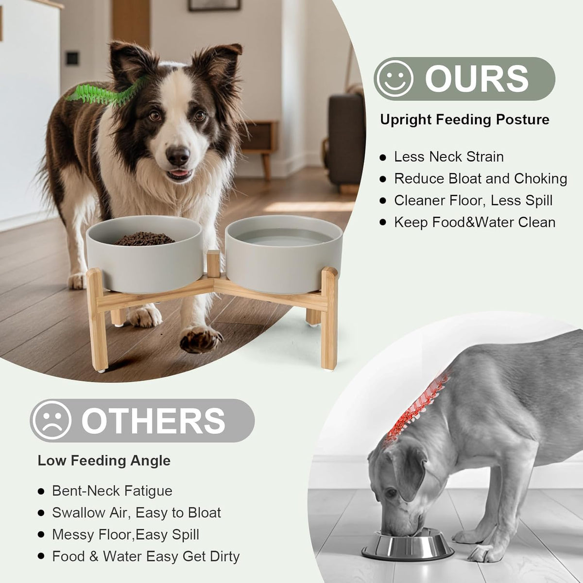 SPUNKYJUNKY Elevated Dog Bowls Ceramic, 7.3'' Dogs Food Water Bowls Raised with Non-Slip Bamboo