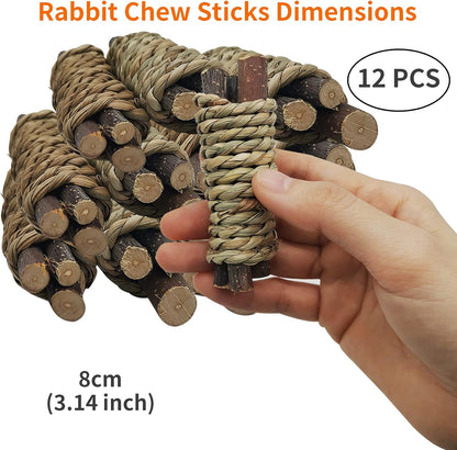 Fhiny 12 PCS Guinea Pigs Chew Toys, Natural Apple Branch Seagrass Molar Sticks for Teeth Bunny Chew