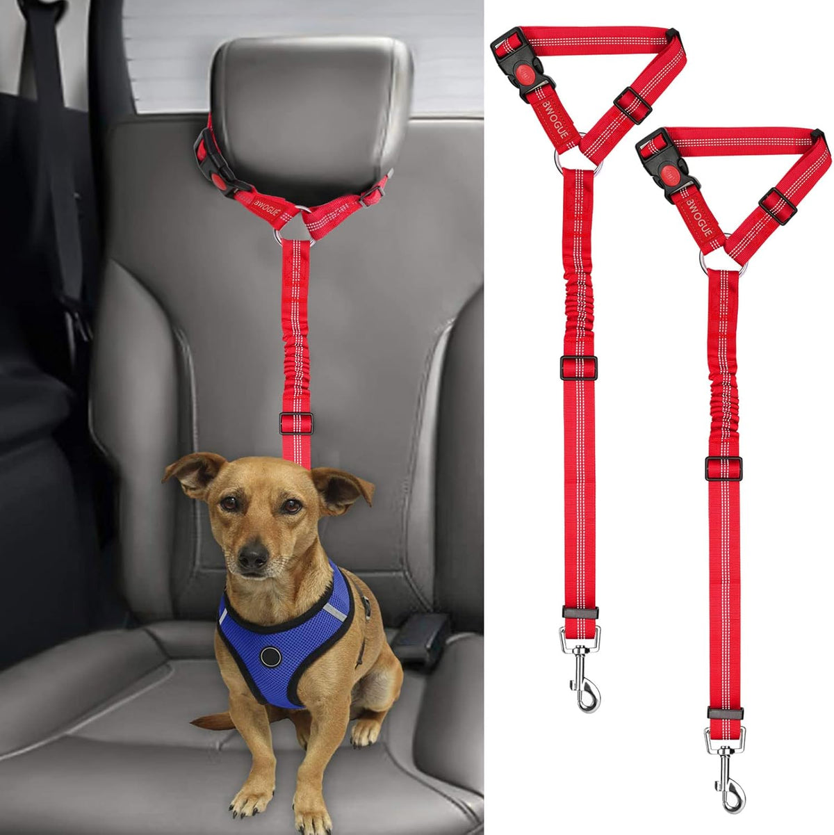 BWOGUE 2 Packs Dog Cat Safety Seat Belt Strap Car Headrest Restraint Adjustable Nylon Fabric Dog