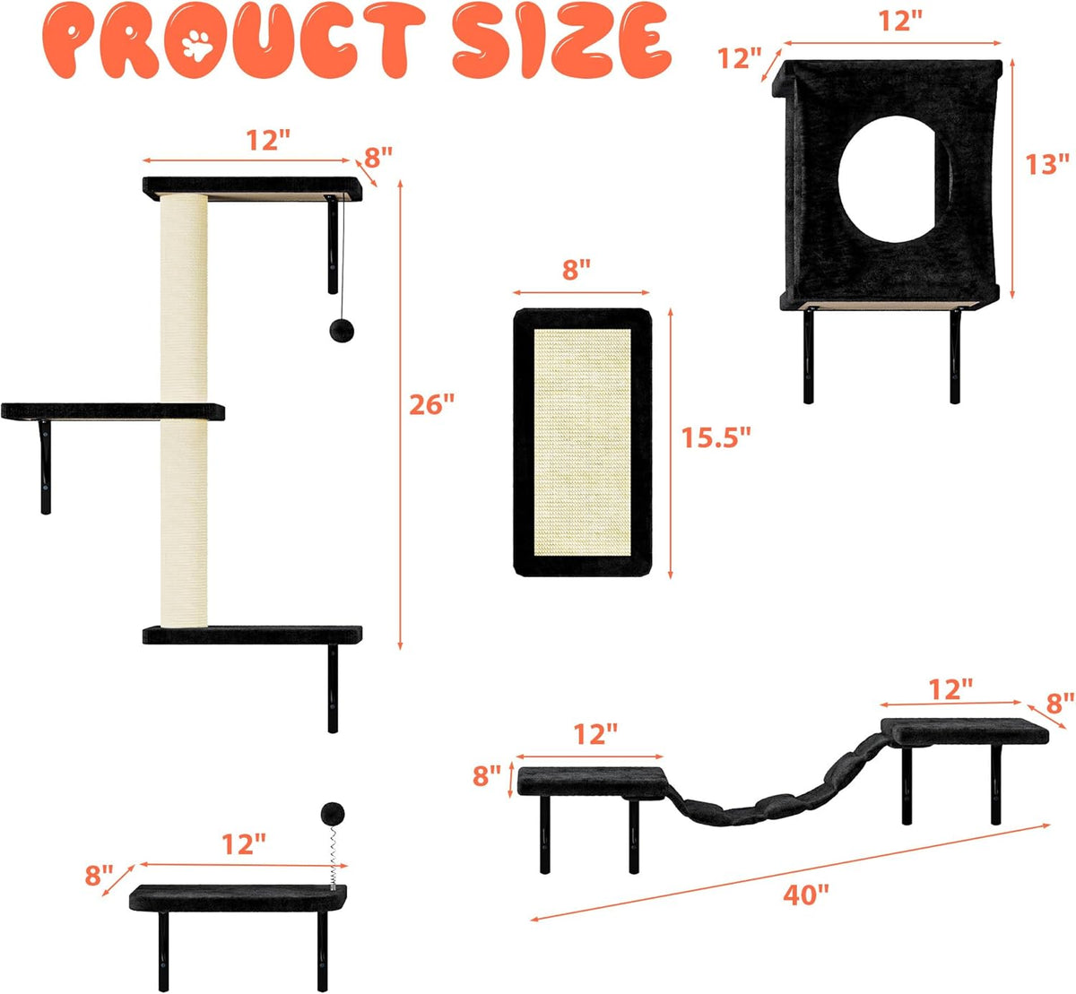 NUNU LAB Wall Mounted Cat Furniture, 5 Pcs Cat Wall Shelves with House, Bridge, Steps, Scratching