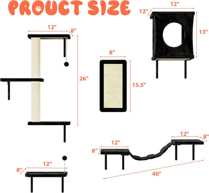 NUNU LAB Wall Mounted Cat Furniture, 5 Pcs Cat Wall Shelves with House, Bridge, Steps, Scratching