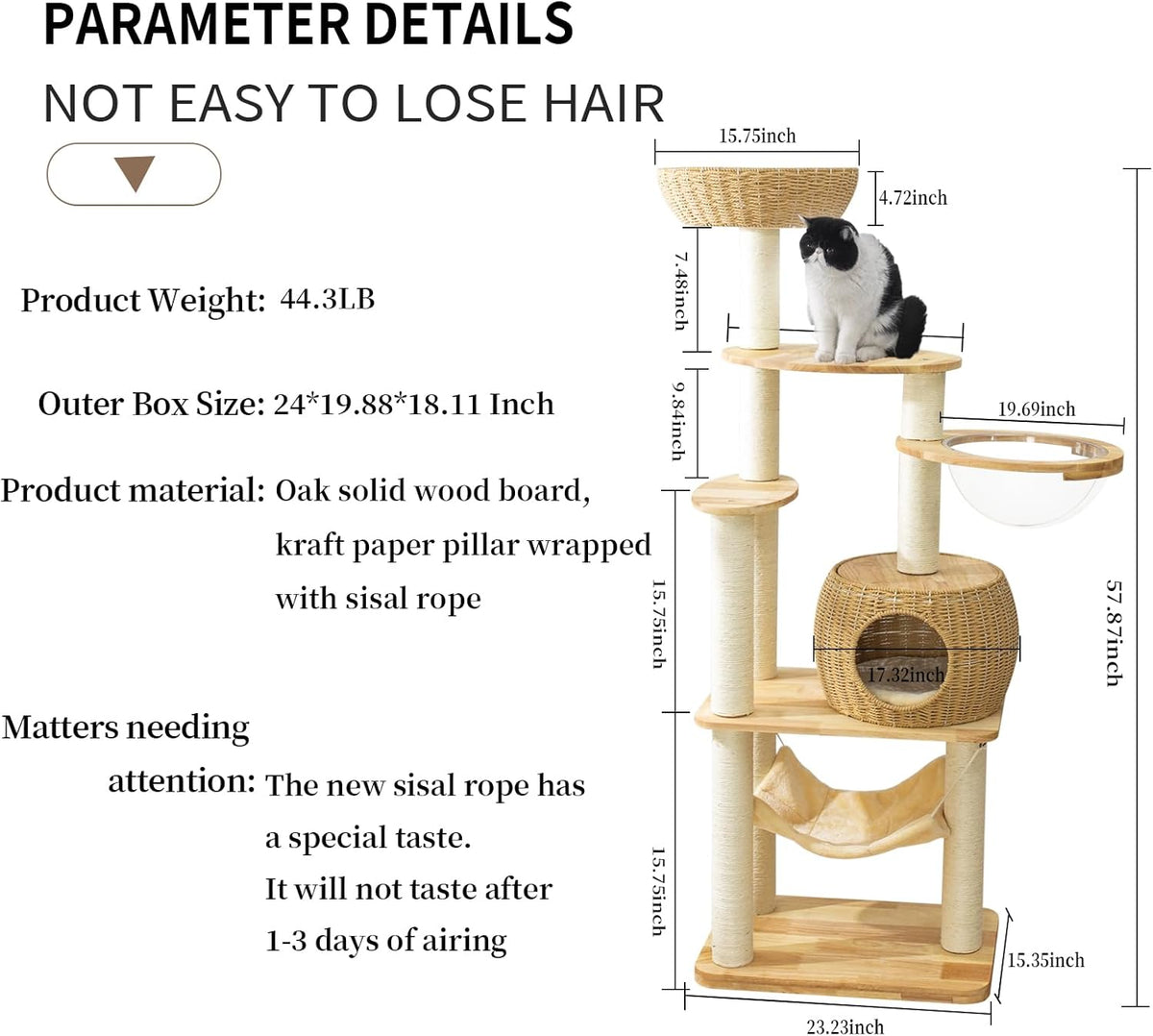 59" Big Modern Cat Tree Tower, Cat Tower Sisal-Covered Scratching Posts for Indoor Cats, Oak Wood