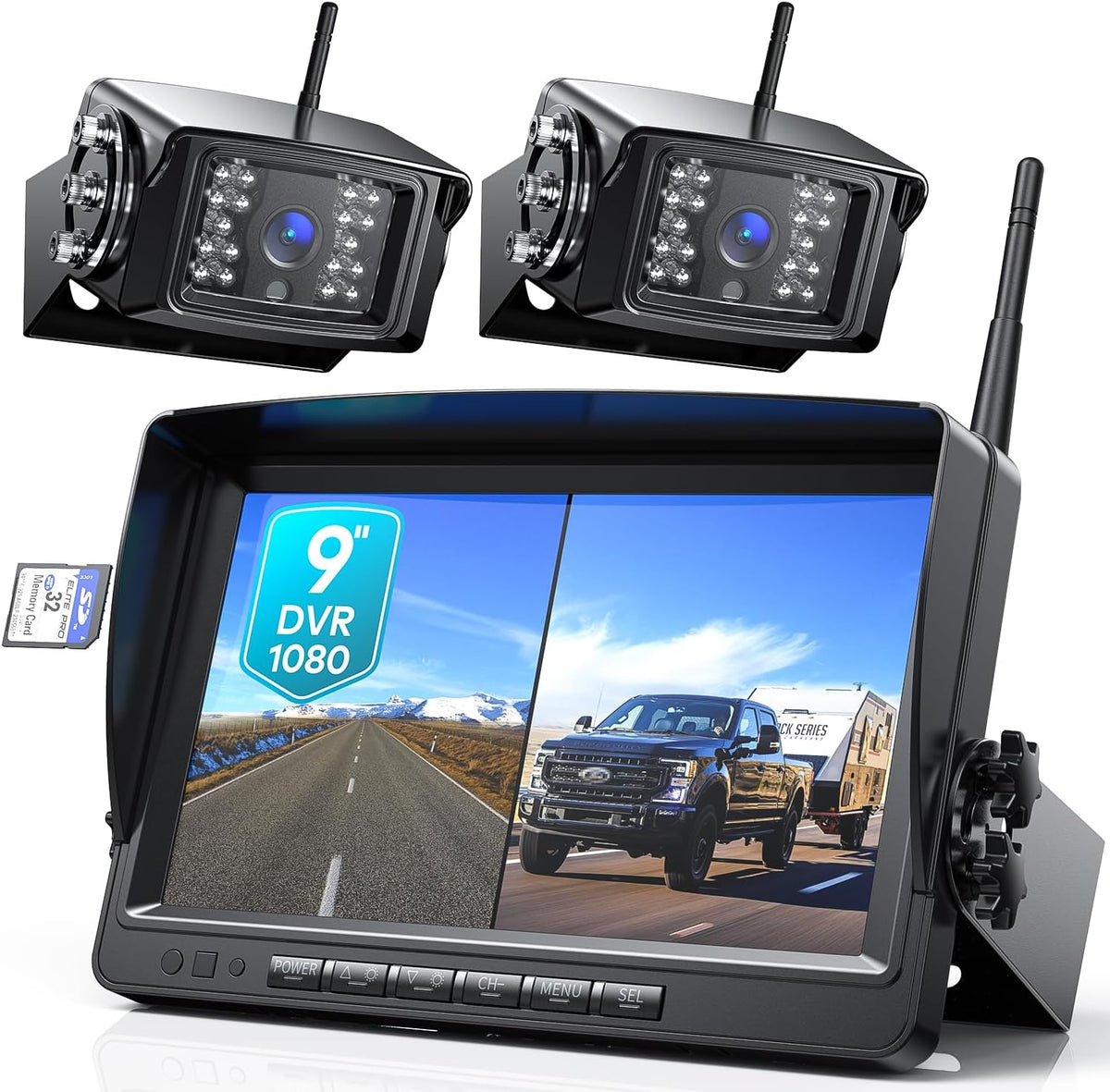 Fookoo 1080P 9" Wireless Backup Camera System, 9" HD Dual/Quad Split Monitor with Recording, IP69