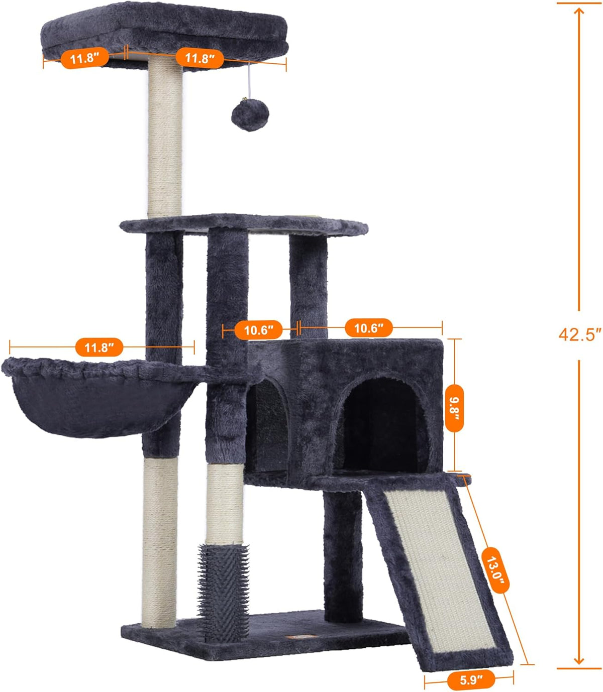Heybly Cat Tree with Cat Self Groomer Brush, Cat Tower Condo for Indoor Cats with Padded Plush