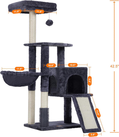 Heybly Cat Tree with Cat Self Groomer Brush, Cat Tower Condo for Indoor Cats with Padded Plush