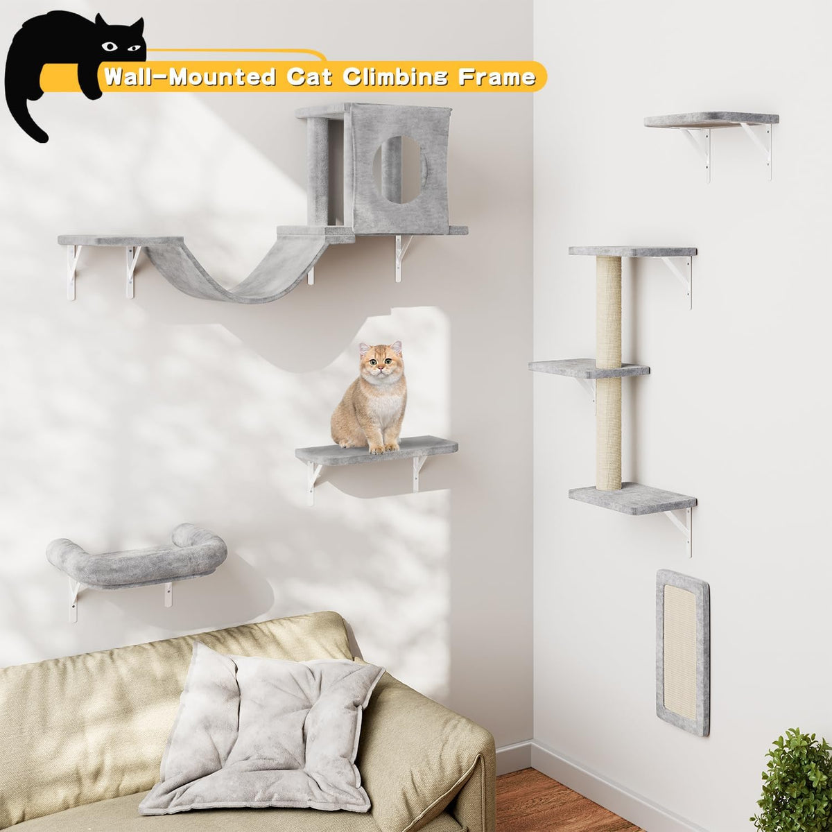 NUNU LAB Cat Wall Shelves, 6 Pcs Luxury Wall-Mounted Cat Climber Set, Indoor Cat Furniture with 1