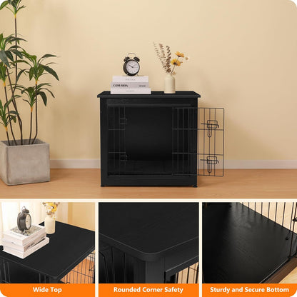 DWANTON Dog Crate Furniture with Cushion, Wooden Kennel Table with Double Doors, Indoor Dog House