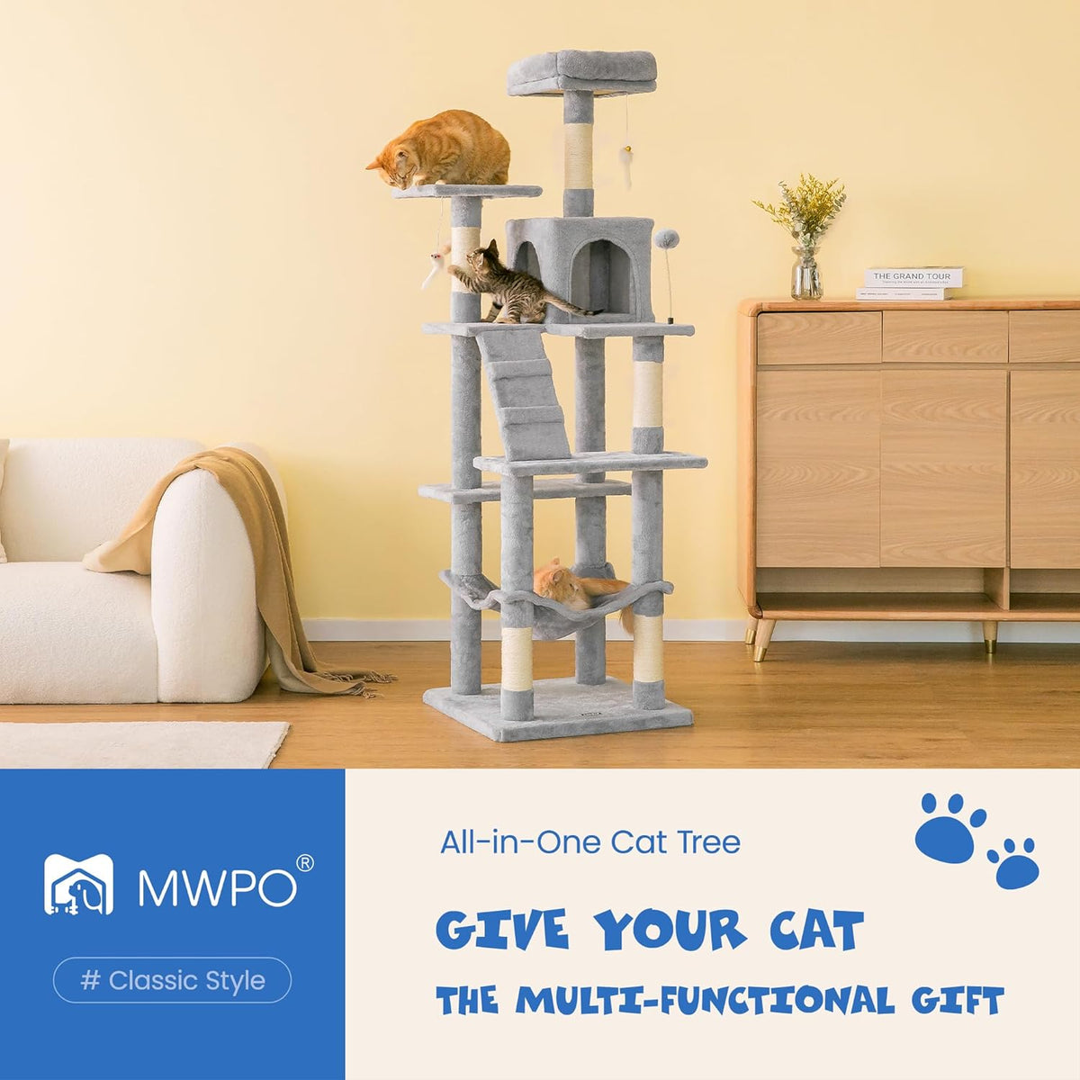 MWPO 63.8 inches Multi-Level Cat Tree for Large Cats with Sisal-Covered Scratching Posts, Padded