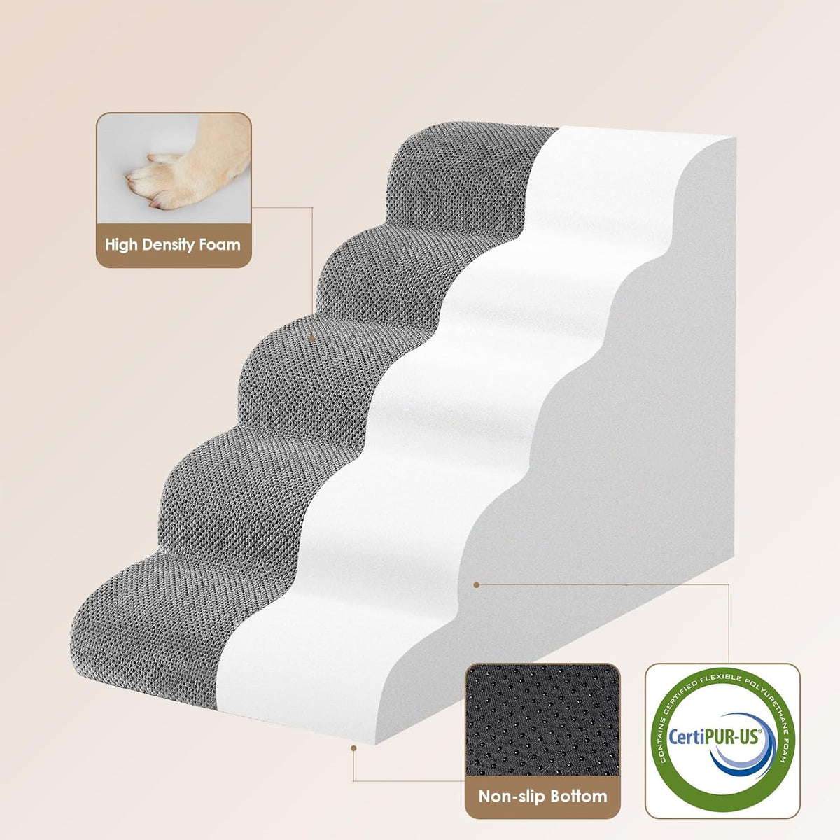 EHEYCIGA Curved Dog Stairs Ramp for High Beds, 5-Step Extra Wide Dog Steps for Small Dogs and Cats