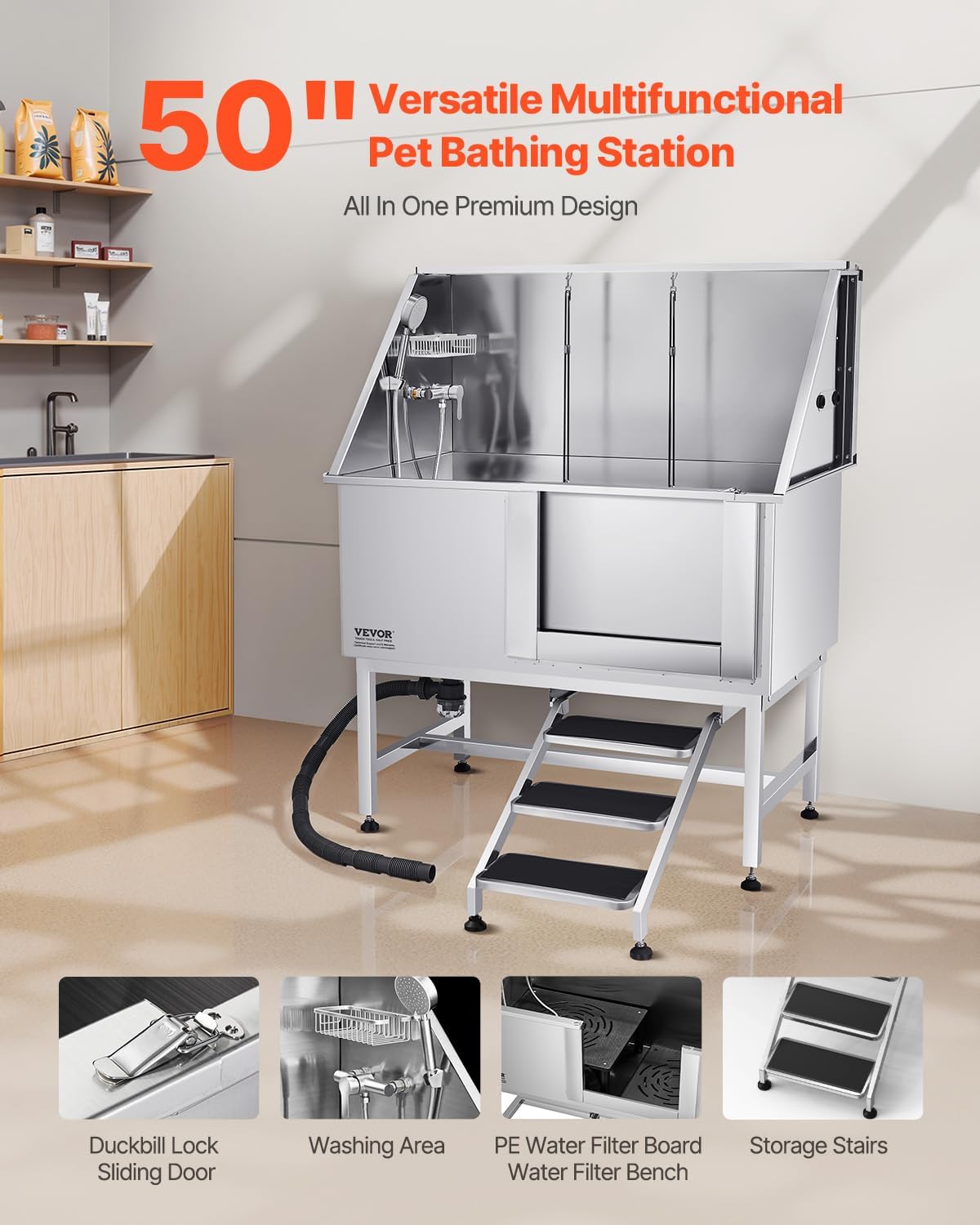 VEVOR Stainless Steel Dog Washing Station, 50 inch Pet Grooming Tub w/Stairs, PE Water Filter