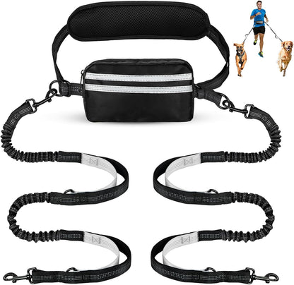 Hands Free Dog Leash with Pouch, Double Leash for Two Dogs, Retractable Bungee with Double Padded