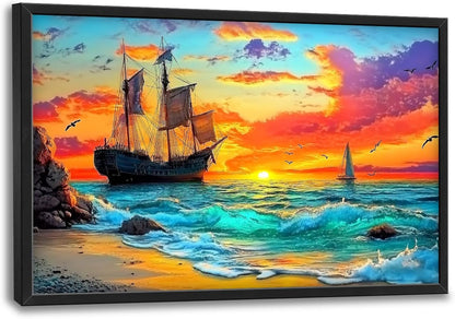Framed Large Ship Wall Art for Living Room, Oversized Coastal Beach Boat Wall Decor Nautical