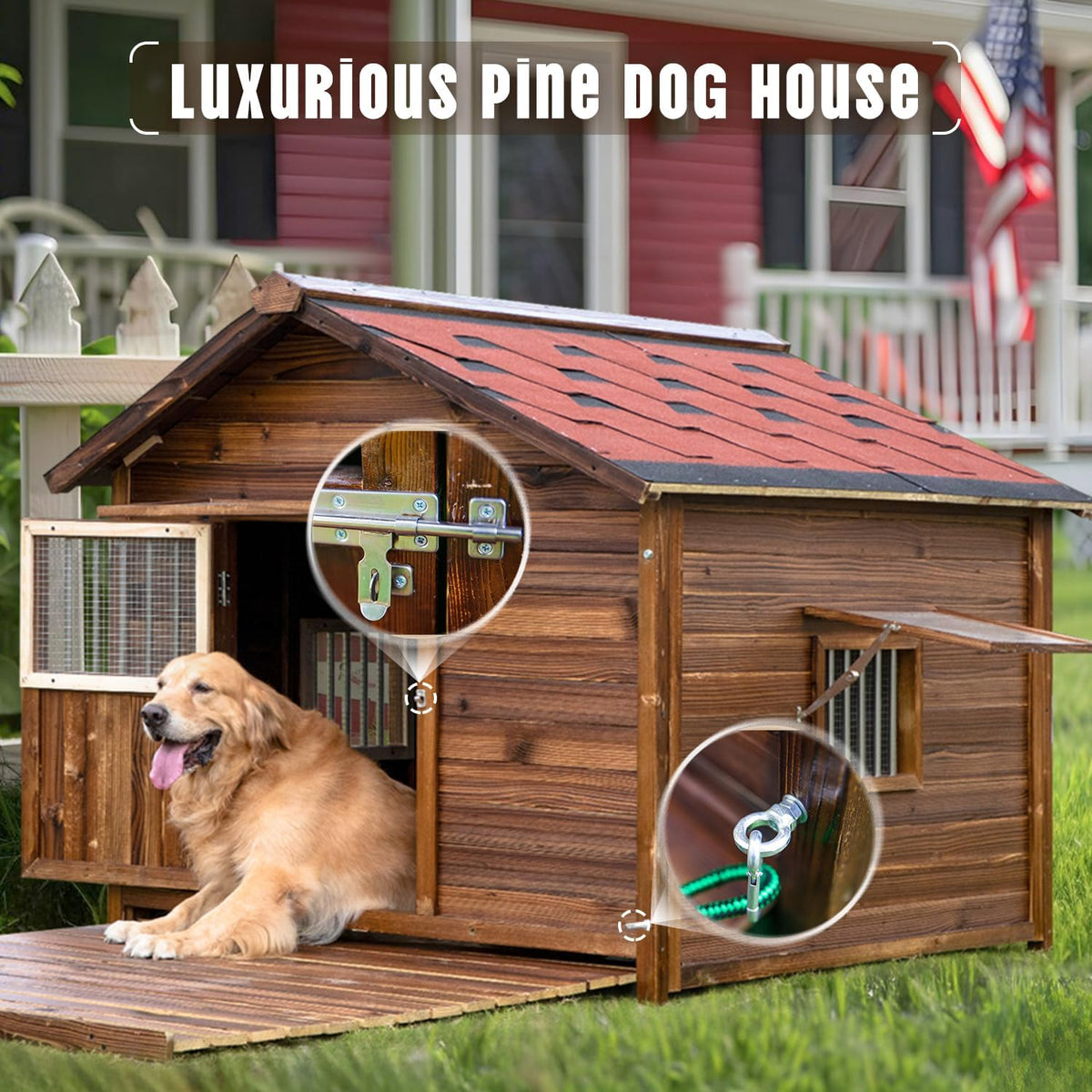 Extra Large Dog House Outdoor Made of Solid Pine Wood, Warm Doghouse, Dog House with Elevated Floor