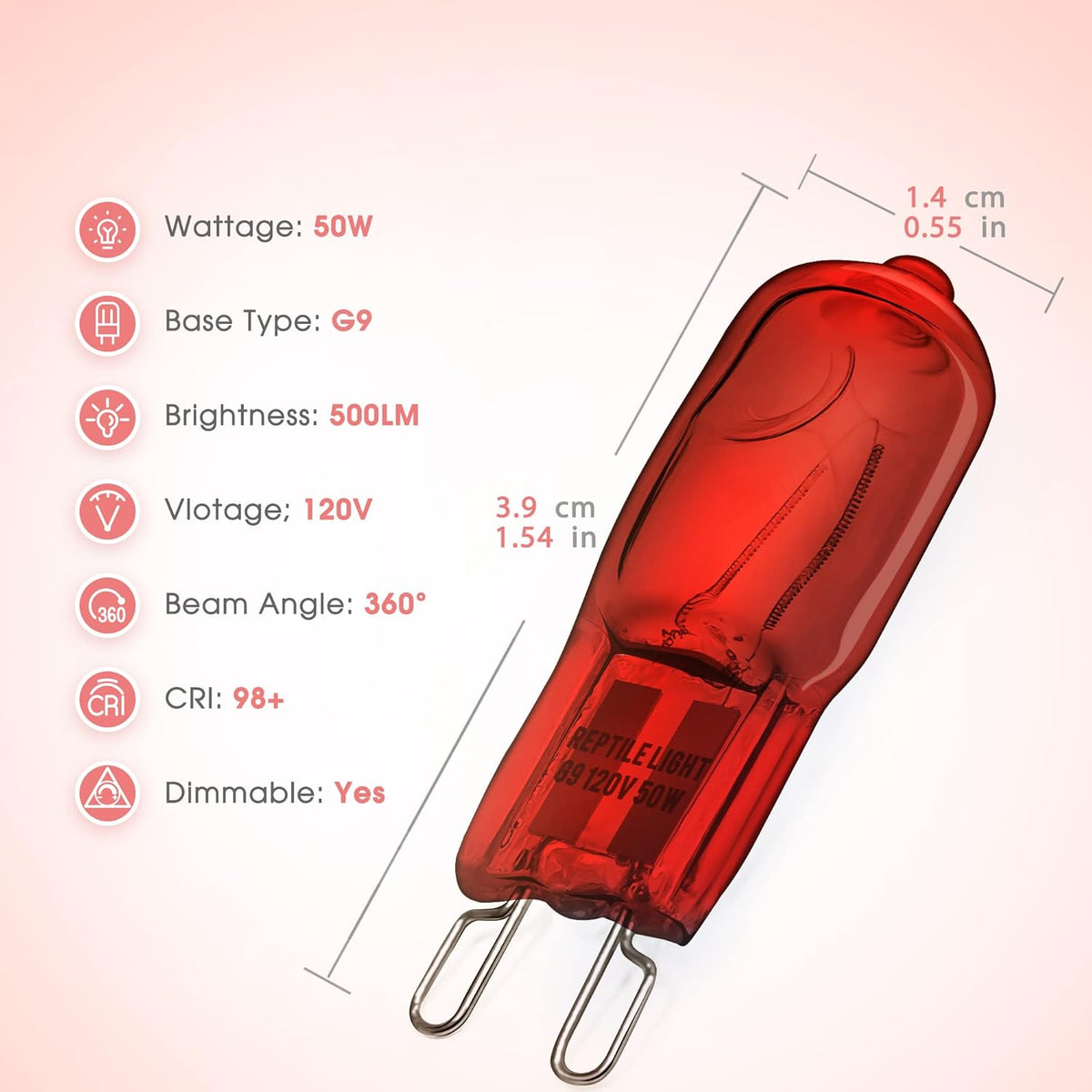 Briignite G9 Infrared Heat Lamp Bulbs for Reptile, Mini Reptile Light, Dimmable Night Red UVA