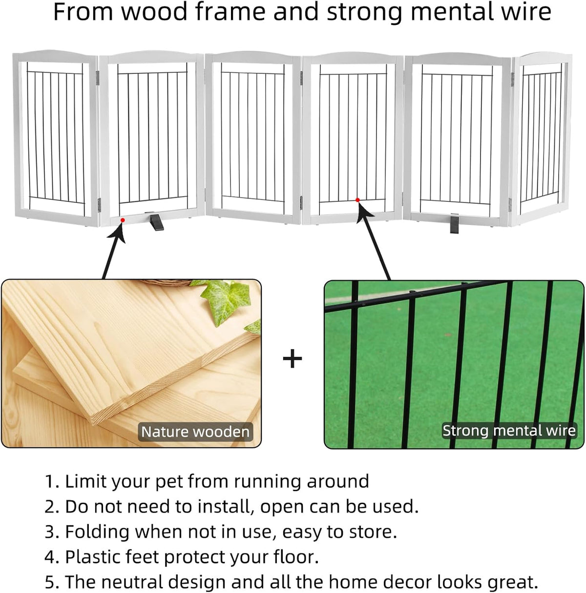 ZJSF Freestanding Dog Fence Indoor, Foldable Dog Gate for Doorways, Stairs or Hallways, Sturdy Wood