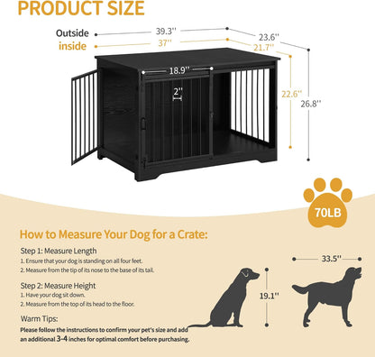 39.3" Dog Crate Furniture with Barn Door, Heavy Duty Dog Kennel Indoor with 2 Doors, Wooden Pet