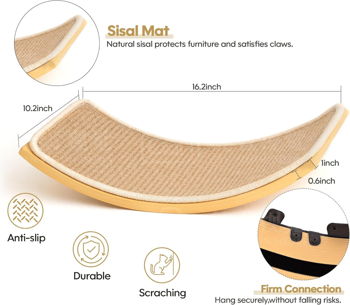 Wood Cat Wall Bed with Sisal Mat – Curved Cats Shelf for Scratching and Sleeping, Wall Mounted Cat