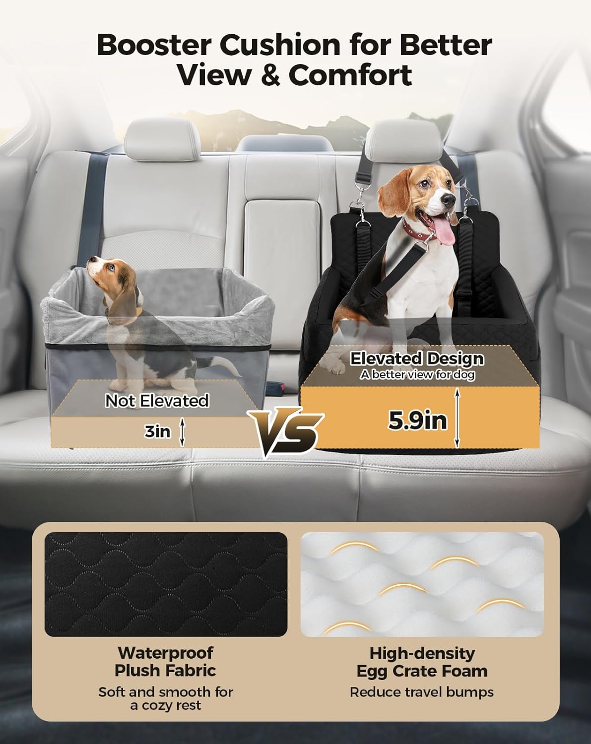 Dog Car Seat for Small & Medium Dogs Under 35lbs, Detachable & Washable Pet Car Seat, Interior