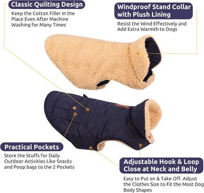 Queenmore Warm Dog Coat, Cold Weather Puffer Dog Jacket with Ultra Thick Plush Lining, Storage