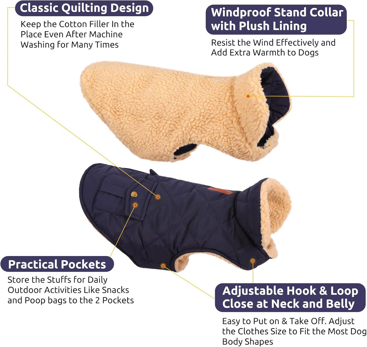 Queenmore Warm Puffer Dog Jacket, Quilting Winter Coat Ultra Thick Plush Lining with Storage