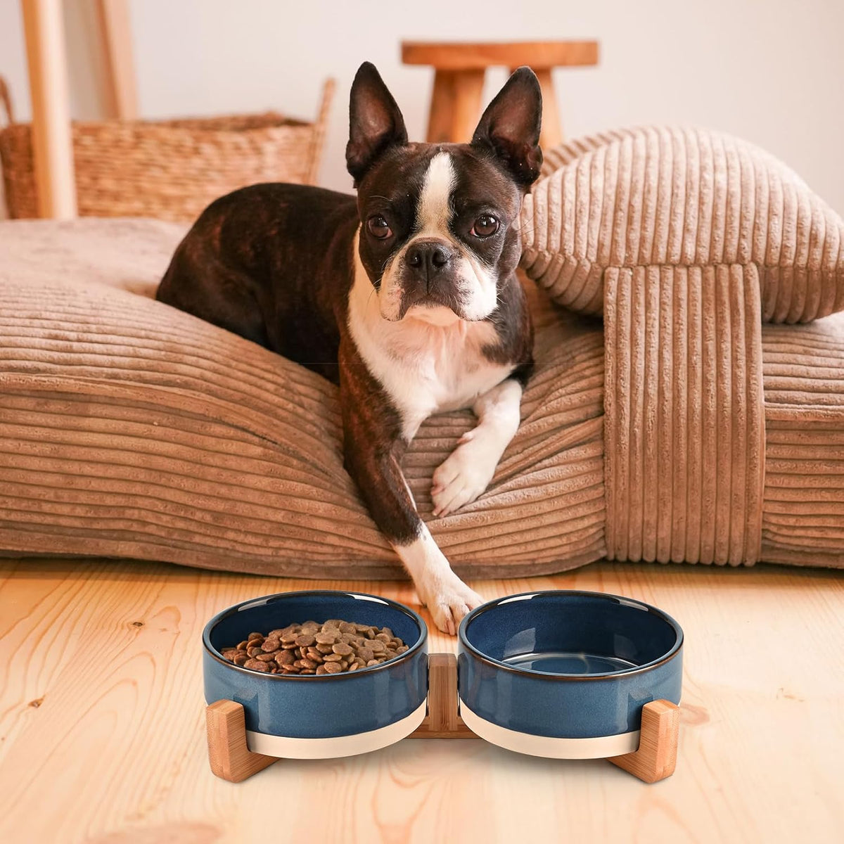 SPUNKYJUNKY Ceramic Dog and Cat Bowl Set with Wooden Stand, Modern Cute Weighted Food Water Bowl
