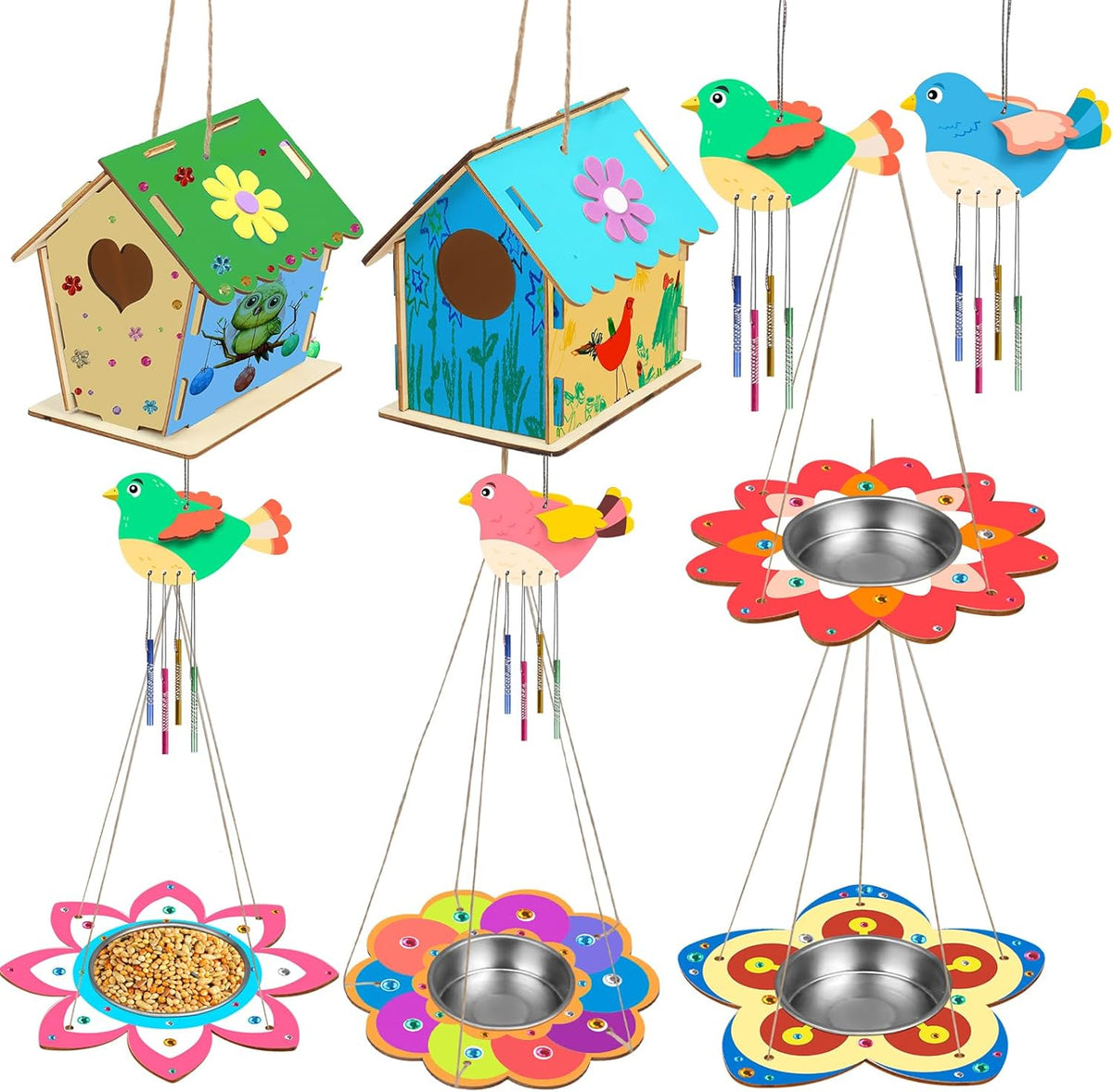 Fennoral 12 Pack Bird House Craft Kit for Kids Make You Own Bird Wind Chime Kit DIY Build and Paint