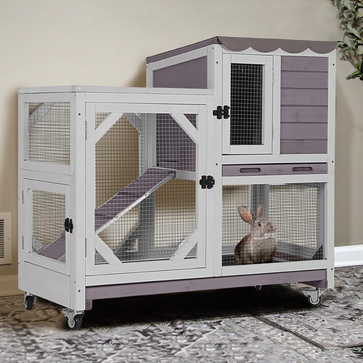 GUTINNEEN 2-Story Rabbit Hutch Indoor with Chew-Proof Design & Slide-Out Trays - Wooden Small