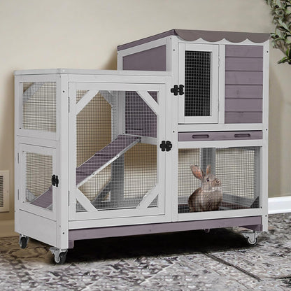 GUTINNEEN 2-Story Rabbit Hutch Indoor with Chew-Proof Design & Slide-Out Trays - Wooden Small