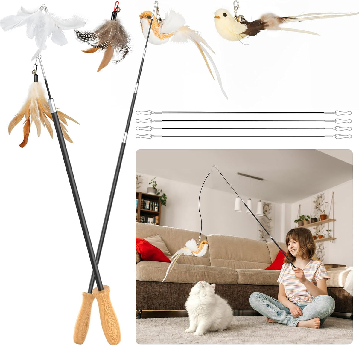 ROSAUI Cat Teaser Wand Toys, Interactive Bird Toy for Indoor Kittens, 53.15’’ Long Cat Fishing Pole