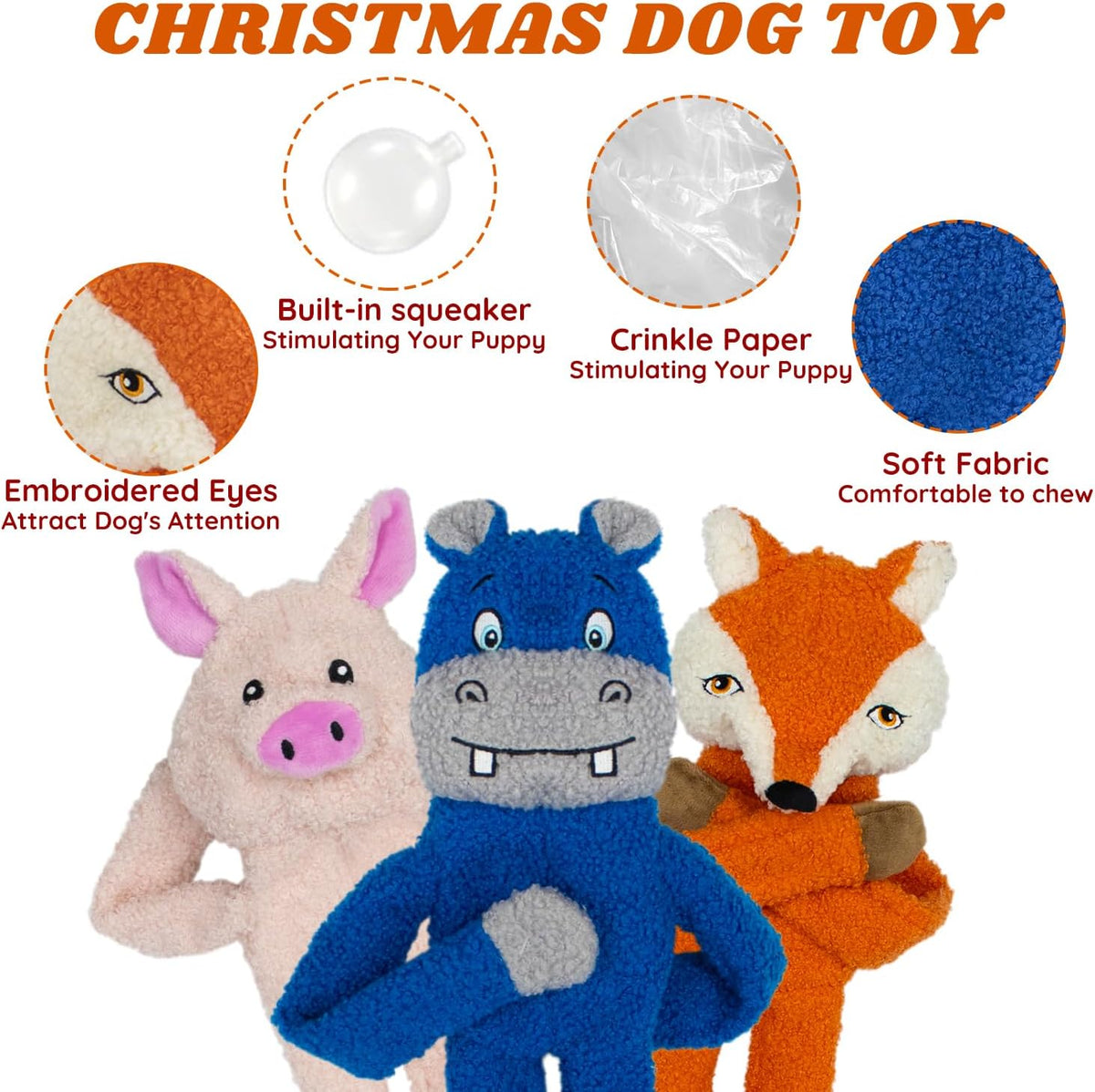 3 Pack No Stuffing Crinkle Squeaky Interactive Plush Dog Toys for Aggressive Chewers to Keep Puppy