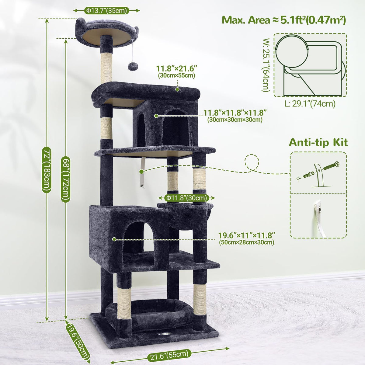 Globlazer Heavy Duty Cat Trees for Large Cats, Sturdy 72in Maine Coon Cat Tree for Large Cats 20