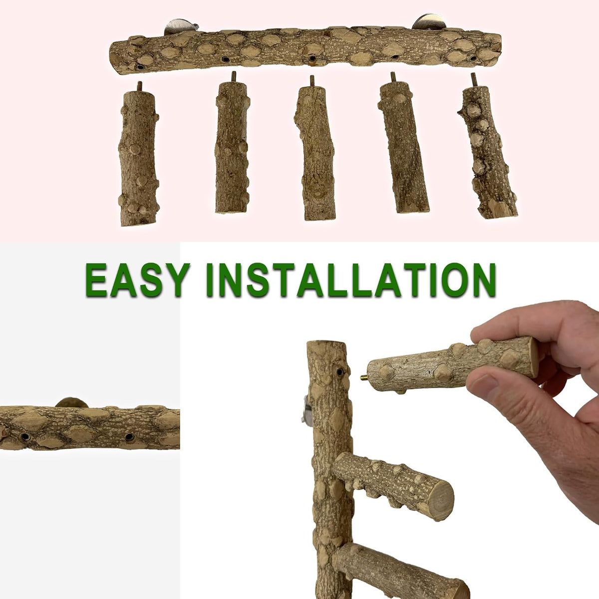 SIMENA Bird Ladder Perch, Natural Wood Parrot Stand, Hamster Climbing Toy, Bird Cage Ladder for
