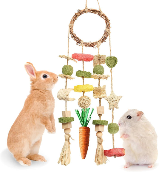 Rabbit Chew Toys Bunny Cage Hanging Toy and Treats Rattan Ring with Snacks for Rodent Pets Teeth