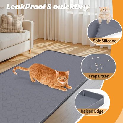 Cat Food Mat, 34" x 22" Large Silicone Pet Feeding Mat with Raised Edge Pet Placemat for Food and