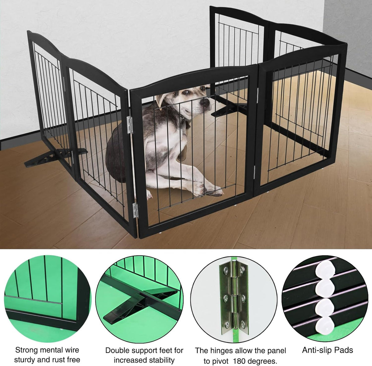 ZJSF Freestanding Dog Fence Indoor, Foldable Dog Gate for Doorways, Stairs or Hallways, Sturdy Wood