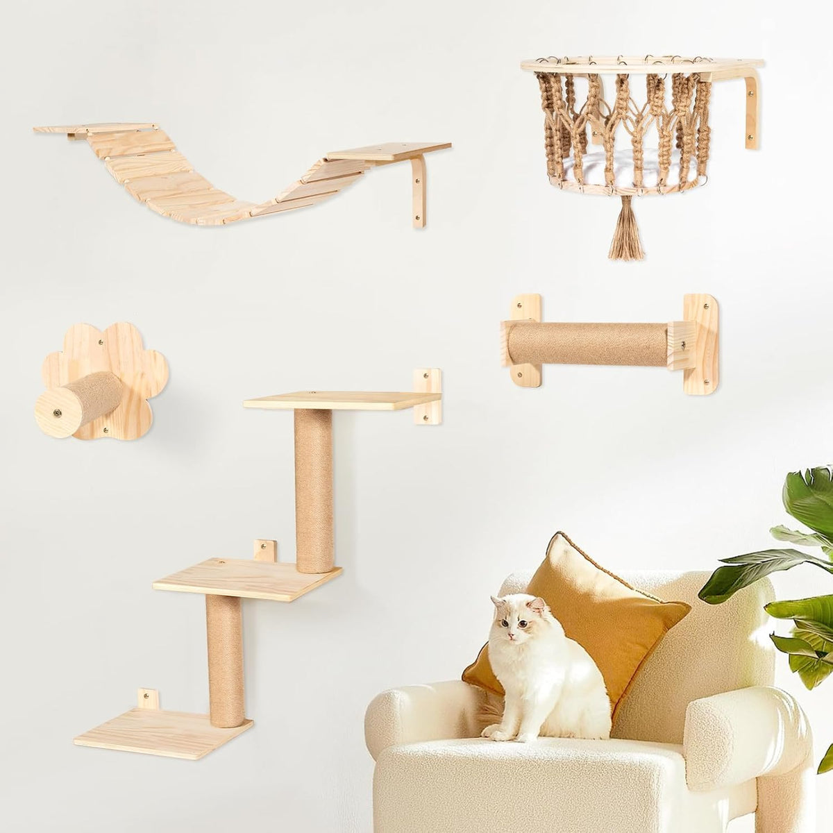 Cat Wall Shelves and Perches, Wall Mounted Cat Furniture with Hammock, Bridge, Tree, Steps and